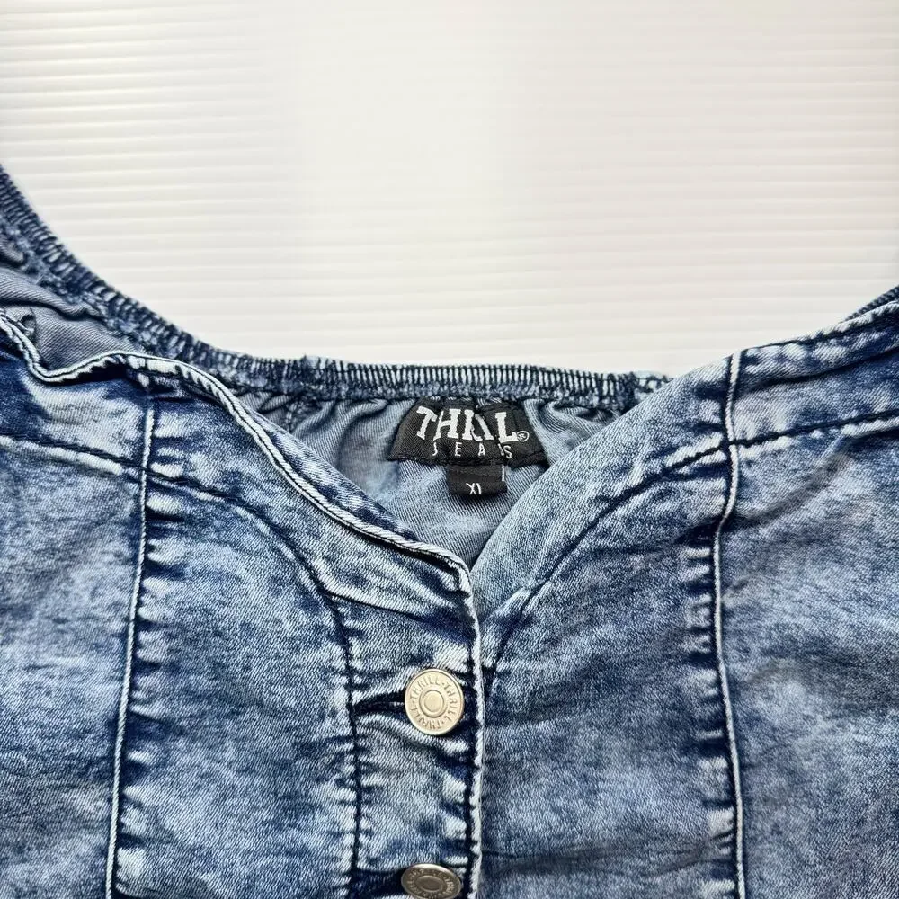 Denim Crop Top Puff Sleeve Women’s XL Acid Y2K Western Coquette Festival Rodeo - Picture 9 of 16